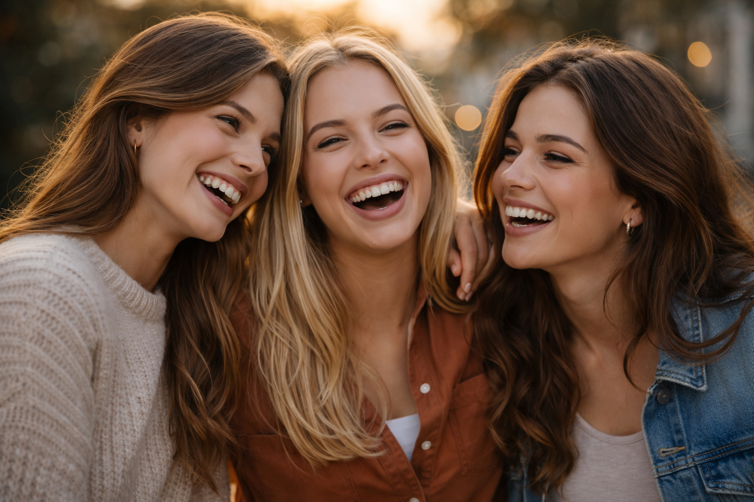Amigas sorrindo ao pôr do sol